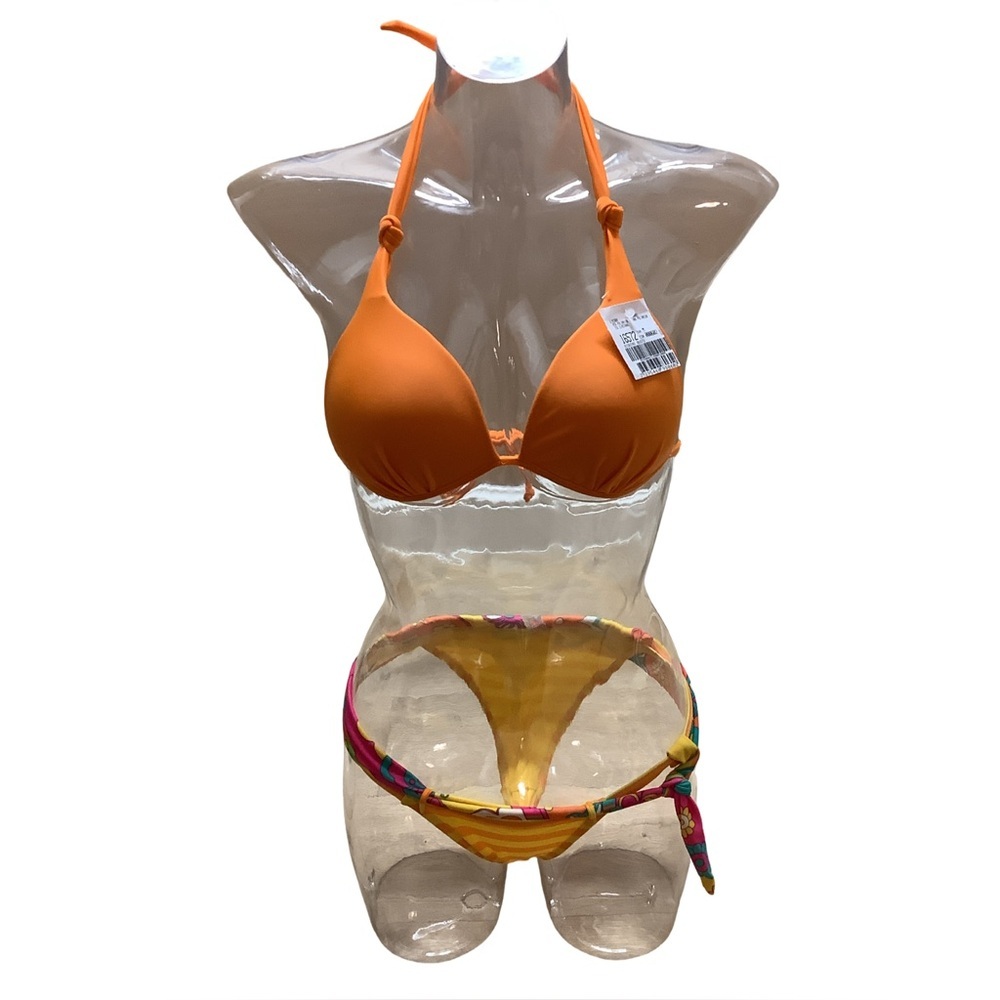 Recco Size M Brazilian Stripes & Flowers Bikini Set & Zuliana Orange Sarong. New